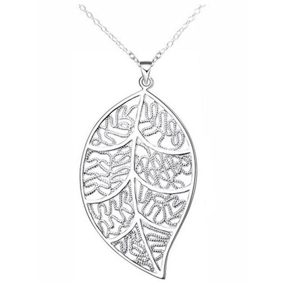 Sterling Silver Plated Filigree Leaf Pendant Necklace - Picture 3 of 3